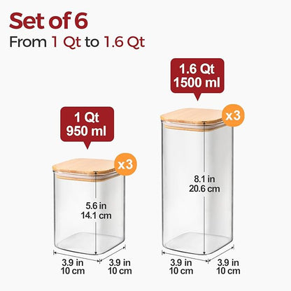 6-Pack Square Glass Pantry Storage Containers with Lids, Airtight Stackable Pantry Organization and Storage Set (1.6 Qt/1 Qt) for Snacks, Cereal & Coffee
