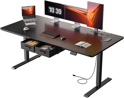 HLDIRECT Electric Standing Desk, 63 x 31.5 Inches Height Adjustable Table with Outlets, Sit Stand Computer Desk with Drawers for Home Office, Ergonomic Rising Workstation, Black