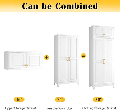 SteeLoong 86" Metal Armoire Wardrobe Closet with Doors,White Tall Clothing Storage Cabinet with Adjustable Shelves and Hanging Rod,Wardrobe Closet for Bedroom,Home,Office,Gym