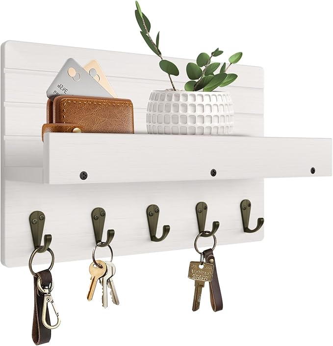 Key Holder Wall Mount, Rustic Key Hooks for Wall with Shelf for Mail Organizer, Entryway Decorative Key Rack with 5 Sturdy Hooks for Hanging Keys, Dog Leash, Sunglasses Wooden Key Hanger