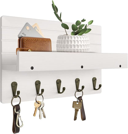 Key Holder Wall Mount, Rustic Key Hooks for Wall with Shelf for Mail Organizer, Entryway Decorative Key Rack with 5 Sturdy Hooks for Hanging Keys, Dog Leash, Sunglasses Wooden Key Hanger