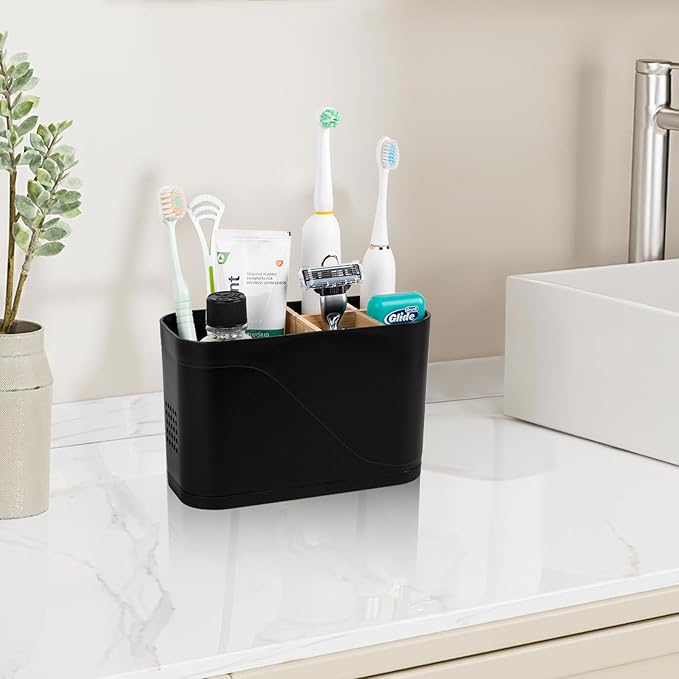 Toothbrush Holders for Bathrooms, Electric Tooth Brush Holder with Bamboo Dividers Kids Toothbrush and Toothpaste Organizer for Bathroom Countertop Accessories Storage, 5 Slots, Black