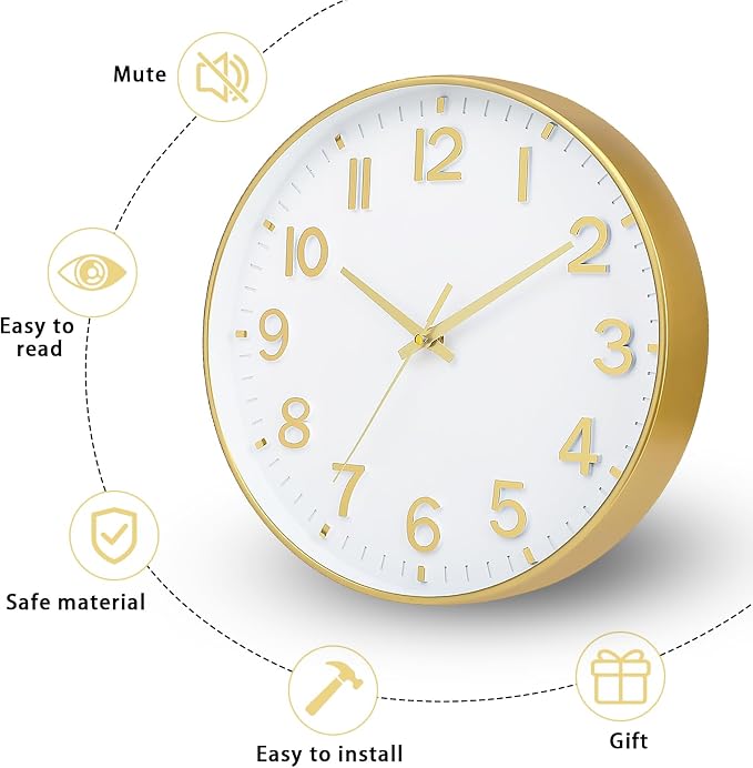 HZDHCLH Wall Clocks Battery Operated,Wall Clock White Gold,10 inch Wall Clock Silent Non Ticking Modern 3D Numbers for Office Kitchen Classroom Bedroom Living Room Decor