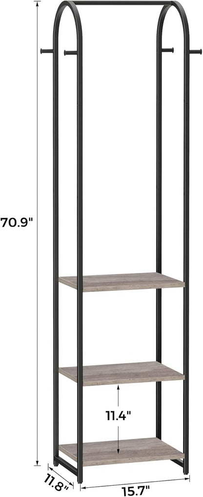 Garment Rack, Coat Rack With 3 Shelves and 4 Hooks, 71" H Clothes Stand For Hanging Clothes, Hanging Rod For for Bedroom, Hallway, Entryway, Office, Living Room, Greige and Black