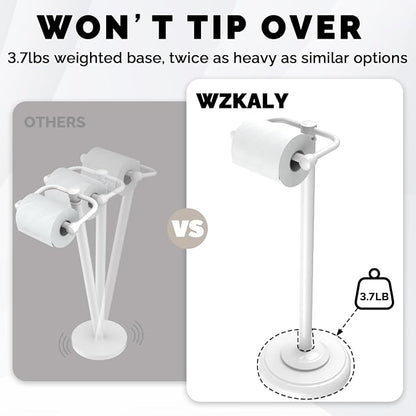 Toilet Paper Holder Stand, White Toilet Paper Holder Free Standing, Post Pivoting Design & Stable Weighted Base SUS304 Stainless Steel for Bathroom (Mega Roll)
