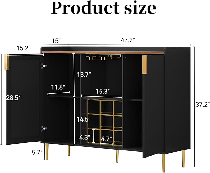 ARTPOWER 48" Wine Bar Cabinet with Fluted Texture, Modern Buffet Sideboard with Wine Rack and Glass Holder, Liquor Coffee Station with Storage for Kitchen, Living Room, Home Bar, Black