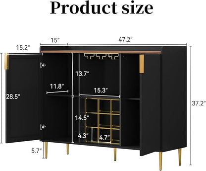 ARTPOWER 48" Wine Bar Cabinet with Fluted Texture, Modern Buffet Sideboard with Wine Rack and Glass Holder, Liquor Coffee Station with Storage for Kitchen, Living Room, Home Bar, Black