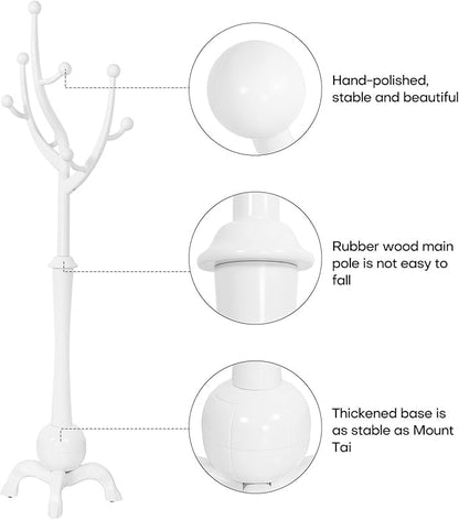 Bekrvio Coat Rack, Solid Wood Coat Racks Stand, Free Standing Coat Rack Coat Hanger with Hooks for Jaceket, Winter Coats, Entryway, Hallway, Bedroom - Load 160lbs (White)