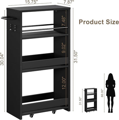 ChooChoo 4-Tier Slim Storage Cart with Handle, 7.87" W Rolling Utility Cart on Universal Wheels, Kitchen Cart Mobile Shelving Organization for Laundry Room, Bathroom & Narrow Places, Black
