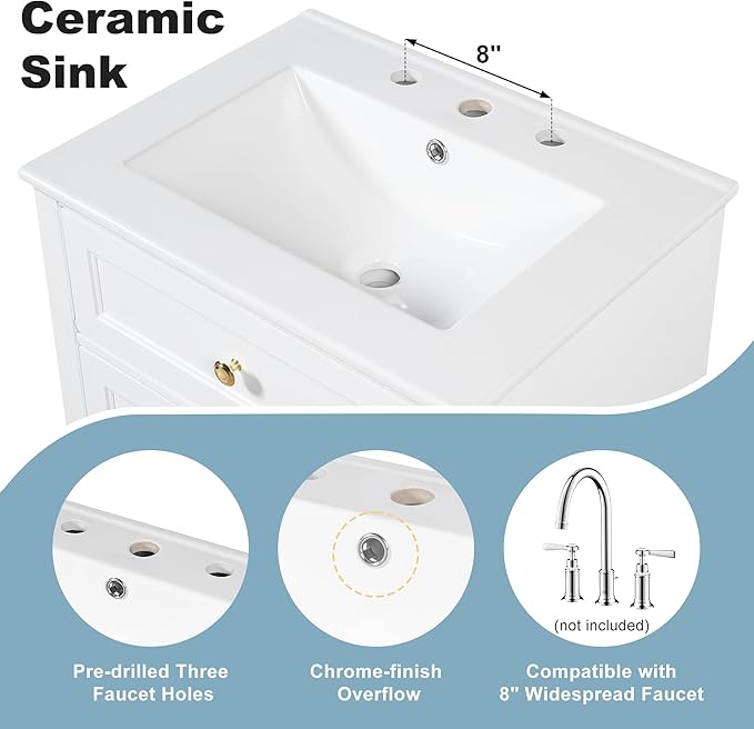 24'' Bathroom Vanity with Sink, MDF & Pinewood Construction, 3 Drawers & Cabinet with 2-Tier Door Storage Rack, Soft-Close Door & Drawers, Modern Design for Small to Medium Bathrooms, White