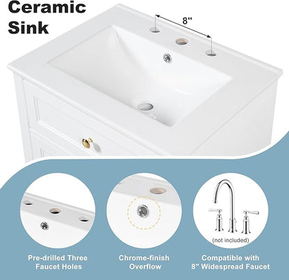 24'' Bathroom Vanity with Sink, MDF & Pinewood Construction, 3 Drawers & Cabinet with 2-Tier Door Storage Rack, Soft-Close Door & Drawers, Modern Design for Small to Medium Bathrooms, White