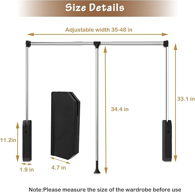 Pull Down Closet Rod Stainless Steel,35"-48" Adjustable Wardrobe Lift Rail Rod,60 lbs Load Capacity,Side & Back Mounted Closet Pole for Waredrobe & Hanging Clothes