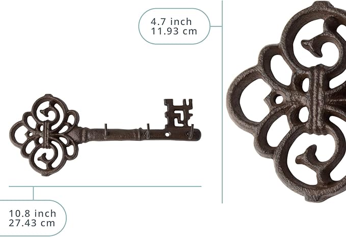 Comfify Cast Iron Skeleton Key Holder for Wall - Decorative Farmhouse Rustic Wall Mount Key Organizer - 3 Key Hooks - Vintage Key Rack for Entryway with Screws & Anchors – 10.8 x 4.7 - Brown