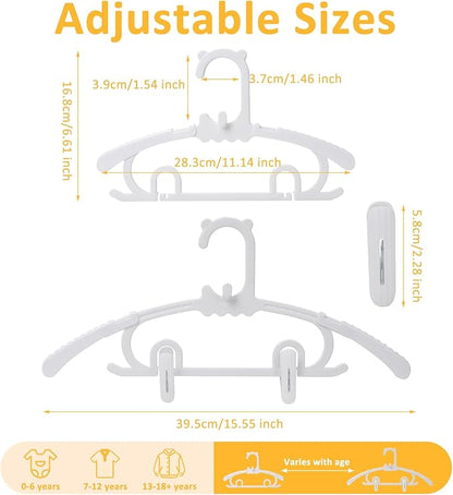30 Pack Baby Clothes Hangers with 16 Clips, 11-15 inch Adjustable Kid Hanger, Multifunctional Children Hangers for Girl Boy Toddler Kids Child(White)