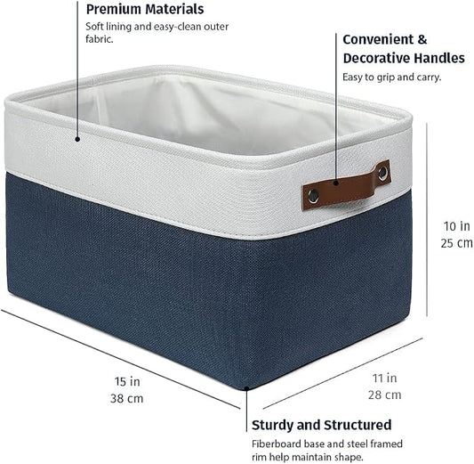 OrganiHaus 15x11in Canvas Storage Baskets 3 Pack | LARGE Fabric Bins for Shelves | Closet & Bedroom Storage | Navy Blue/Off-White