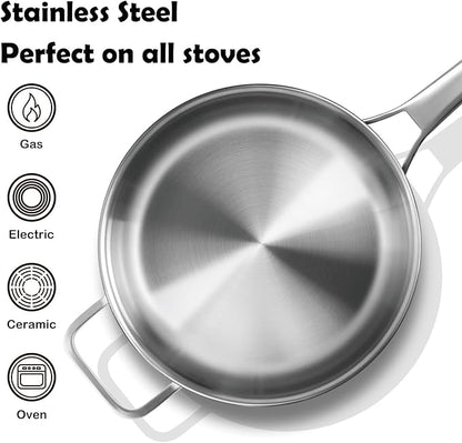 6-Quart Stainless Steel Saute Pan with Lid, 12-Inch Skillet, Dishwasher & Oven Safe, Works on All Cooktops