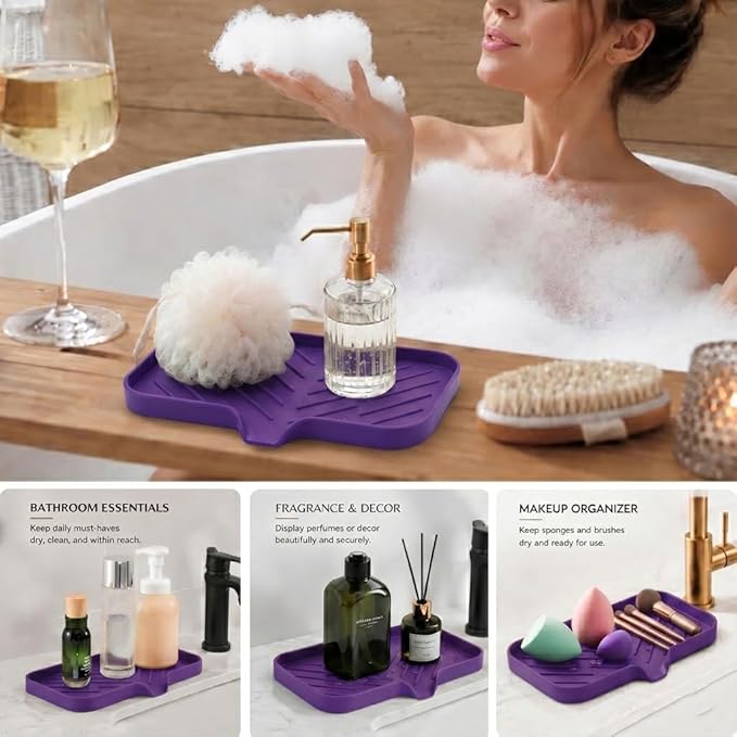 MicoYang Silicone Soap Dish with Drain Spout — Self-Draining Sink Organizer Tray for Bathroom & Kitchen, Sponges, Dispensers & Soap Holder, Non-Slip & Dishwasher Safe, Purple (Medium, 9.6"×5.3")