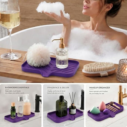 MicoYang Silicone Soap Dish with Drain Spout — Self-Draining Sink Organizer Tray for Bathroom & Kitchen, Sponges, Dispensers & Soap Holder, Non-Slip & Dishwasher Safe, Purple (Medium, 9.6"×5.3")