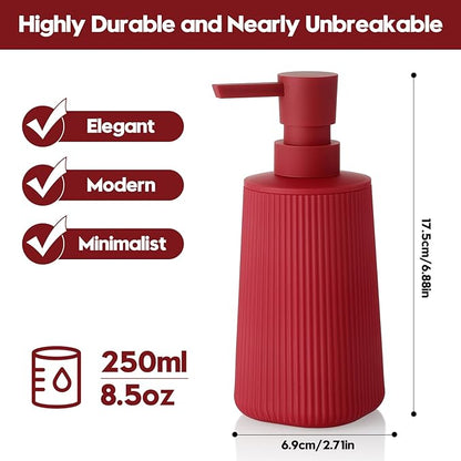 Small Soap Dispenser for Bathroom and Kitchen, Modern Farmhouse Striped Style Plastic Hand Soap Dish Soap Dispenser with Pump Matte Red