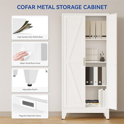 COFaR Farmhouse Kitchen Pantry Cabinet, 61 in Tall Metal Storage Cabinet with 3 Adjustable Shelves and 2 Barn Doors, Freestanding Cupboard for Garage Kitchen Office Bathroom Laundry, White 4 Tiers