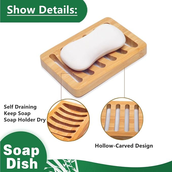 3 Pack Bamboo Wood Soap Dish Bar Soap Holder with Self Draining Tray Natural Waterfall Drain Soap Saver for Shower Bathroom Kitchen