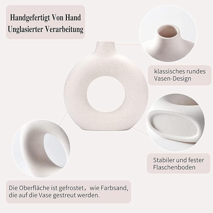 White Ceramic Donut Vase Set of 2, Big Hollow Round Matte Pampas Flower Vases for Boho Home Wedding Party Room Dinner Table Shelf Decor.