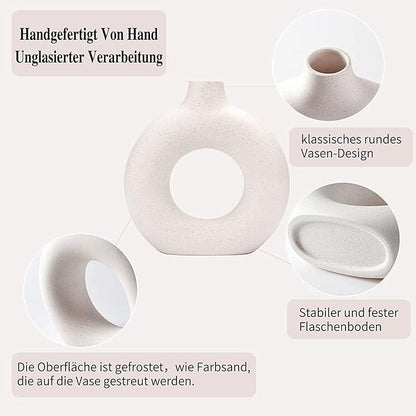 White Ceramic Donut Vase Set of 2, Big Hollow Round Matte Pampas Flower Vases for Boho Home Wedding Party Room Dinner Table Shelf Decor.