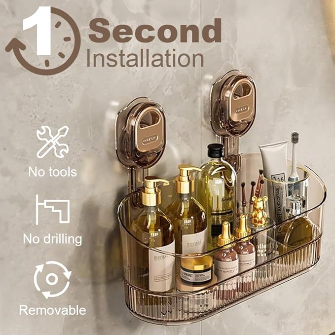 No-Drill Bathroom Suction Storage Box, 2025 New Heavy Duty Shower Caddy Hanging, Clear Acrylic Bathroom Suction Cup Shower Shelf for Family (Gold)
