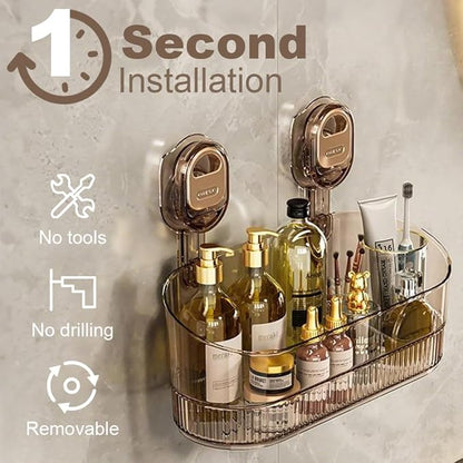 No-Drill Bathroom Suction Storage Box, 2025 New Heavy Duty Shower Caddy Hanging, Clear Acrylic Bathroom Suction Cup Shower Shelf for Family (Gray)