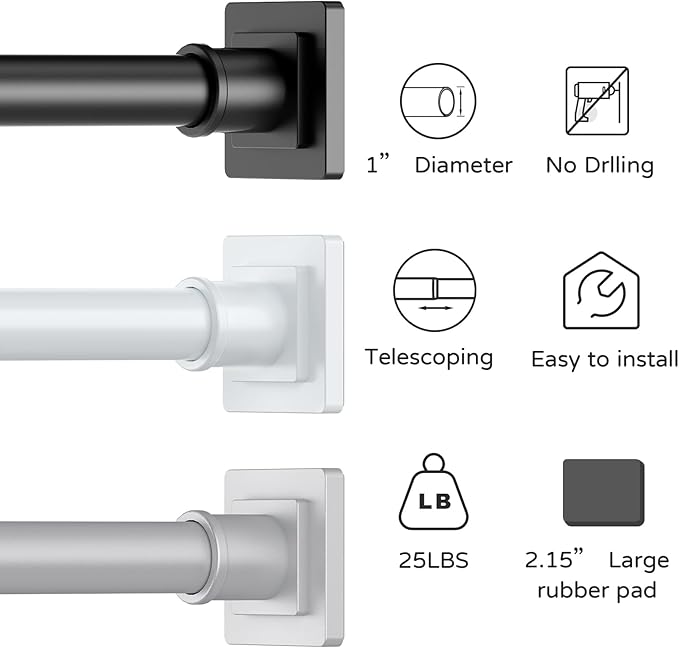 UIOSANRT Tension Shower Curtain Rod 31-92 Inches Non-Slip Shower Rod Tension Mounted No Drill Black Shower Curtain Rods Spring Tension Rod for Windows Bathroom