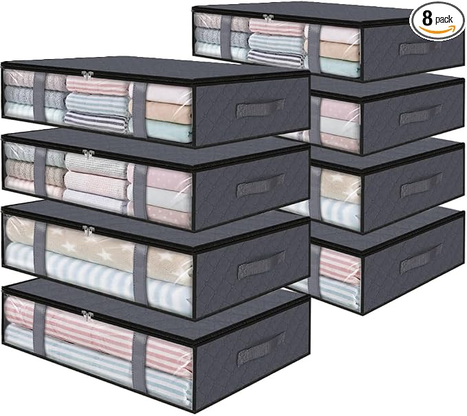 StorageRight Under Bed Storage Bags 8 Pack, 40L Large Clothes & Comforter Storage Containers with Clear Window, Breathable Fabric Organizer for Blankets, Bedding, Seasonal Clothing, Grey