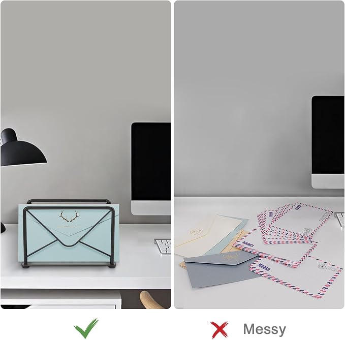Modern Mail Holder for Home Office, Metal Letter Organizer Sorter for Desk, Cutout Mail Envelope Design, Bill Filling Paper Document Rack, Envelope Storage Rack with Metal Base