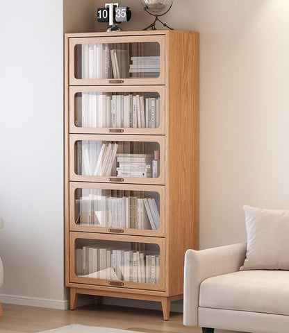 Solid Wood Book Case 5 Tier Bookcase with Tempered Clear Glass Flip-Up Doors Bookshelves Brown natural wood Bookshelf Versatile Pantry Cabinet with Storage Home Office (log color D14xW32xH72 inch)