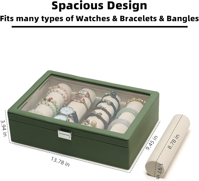 Bracelets Organizer Rods Bangles Display Holder, Clear See through Lid Leather Velvet Jewelry Storage Box Case for Women, 4 Rods Green Leather