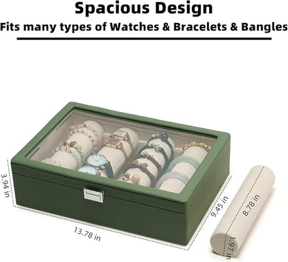 Bracelets Organizer Rods Bangles Display Holder, Clear See through Lid Leather Velvet Jewelry Storage Box Case for Women, 4 Rods Green Leather