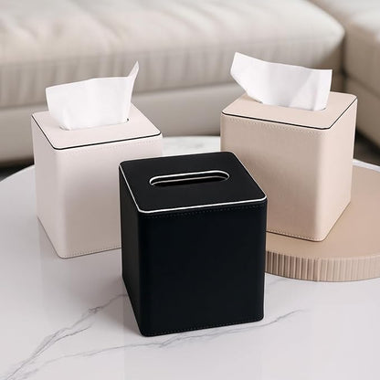 KINGFOM Leather Tissue Box Cover – Square Modern PU Leather Tissue Holder, Cube Tissue Dispenser for Home, Office, Bedroom, Bathroom – Elegant Minimalist Style (Black-Square)