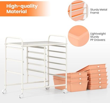 Giantex 9 Drawers Rolling Cart, Classroom Organizers, Storage Cart with Wheels, for Teacher Office Home School Supplies Tool Craft Art Paper, Peach Fuzz