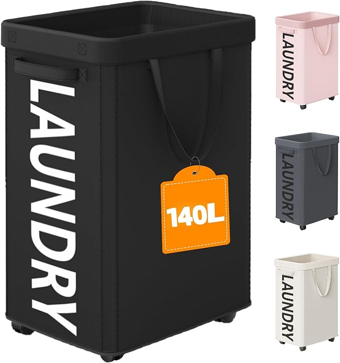 Optish 140L Laundry Hamper with Wheels, Rolling Laundry Basket with Removable Mesh Bag, Extra Large Clothes Hamper for Bedroom, Bathroom, Dorm Room Essentials, Black