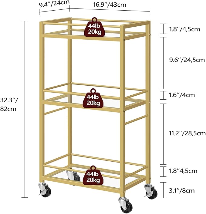 Bar Cart for The Home, 3-Tier Drink Cart on Wheels, Home Bar Serving Cart, Mini Bar Cart for Small Space, Kitchen, Dining Room, Gold RCJ40B01