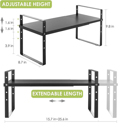 Across-Star Expandable Cabinet Shelf Organizer Rack, Stackable Kitchen Counter Storage Shelves Stand, Adjustable Height Pantry Shelf Spice Rack (Black, 1 Pack)