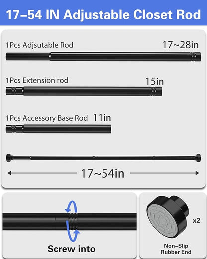 Supforce 2 Pack No Drilling Closet Rods for Hanging Clothes, Non Slip Tension Rod with Heavy Duty Clothes Hanging Rod, 17-54 Inches Adjustable Spring Closet Rod for Closet Wardrobe Bathroom RV, Black