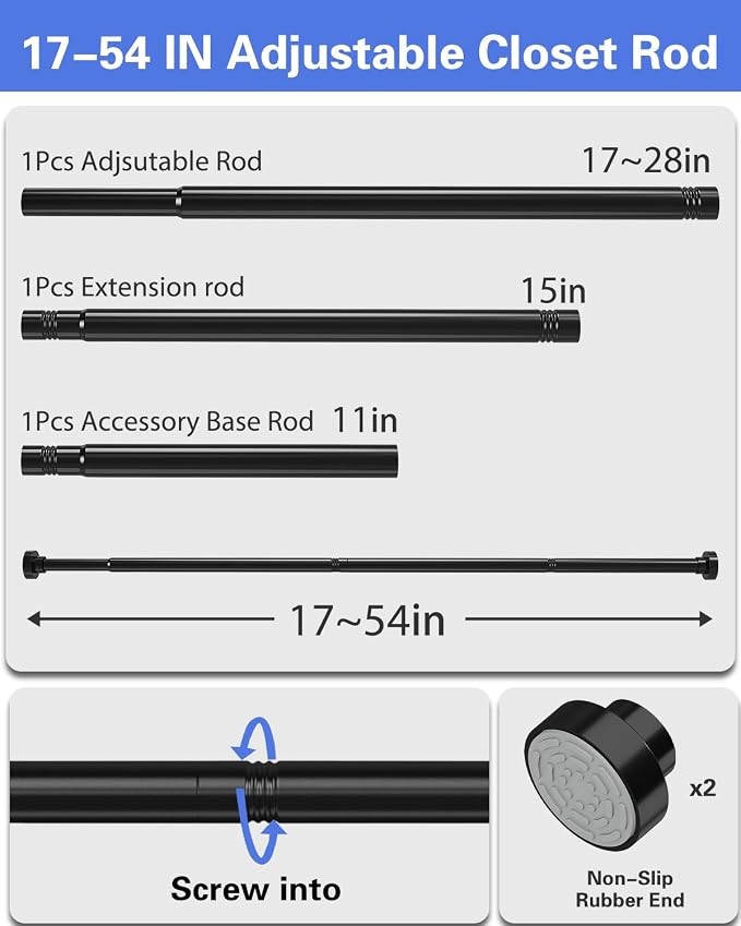 Supforce No Drilling Closet Rods for Hanging Clothes, Non Slip Tension Rod with Heavy Duty Clothes Hanging Rod, 17-54 Inches Adjustable Spring Closet Rod for Closet Wardrobe Bathroom Laundry RV, Black