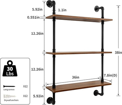 3-Tier Industrial Pipe Floating Shelf – Rustic 36 inch Wood Wall-Mounted Storage Shelf for Kitchen Office,Bathroom & Home Decor -Walnut