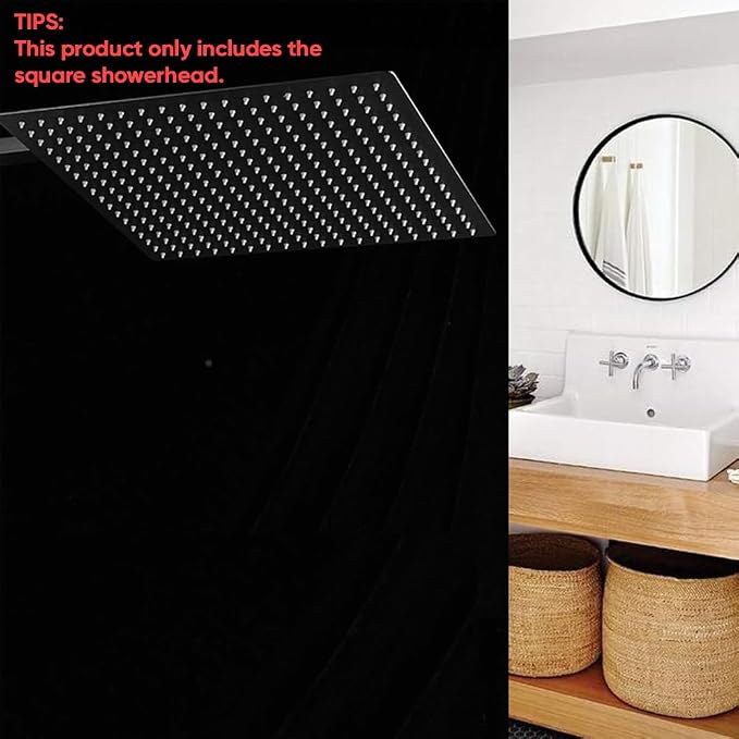 BESy 16 Inch Rain Shower Head, 16" Square Rainfall & High Pressure Stainless Steel Bath Showerhead, 1/16" Ultra Thin, Waterfall Full Body Coverage with Silicone Nozzle, Matte Black Finish