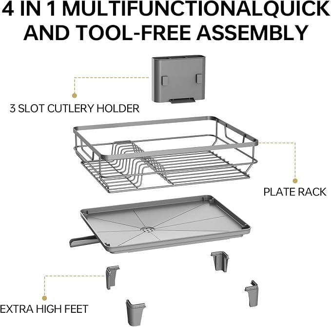 TOOLF Dish Drying Rack, Small Dish Racks for Kitchen Counter, Stainless Steel Sink Organization and Storage Essentials with Cutlery Holder, Dish Drainer, Home and Appartment Decor, Gray