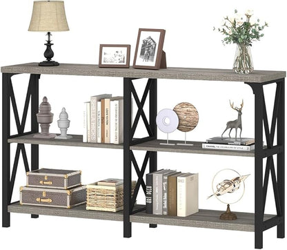 IBF Sofa Table, Modern Metal Wood 3 Tier Entryway Table, Industrial Console Table with Storage Shelves, Foyer Hallway Couch Table Behind Sofa for Living Room, Long Horizontal Bookshelf, Grey Oak, 55in