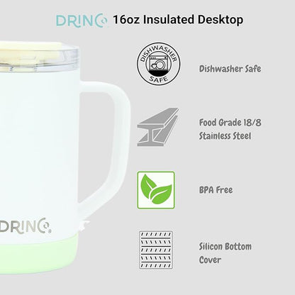 Drinco 16 oz Coffee Mug, Vacuum Insulated Camping Mug with Lid, Double Wall Stainless Steel Travel Mug Insulated Tumblers Coffee Mugs Coffee Cups Tea Cup (16oz Artic White)