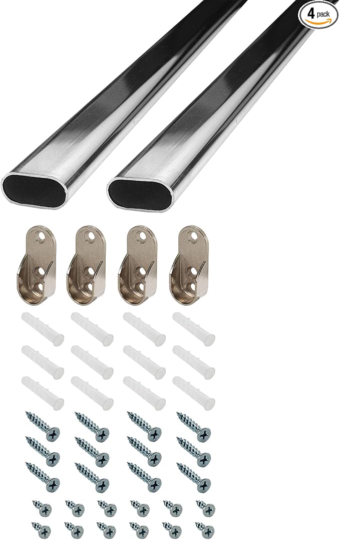 46 inch Long Steel Oval Closet Rod with Hanging Brackets, Wall Anchors, Screws | Polished Chrome Finish | Complete Installation Kit | Outwater Plastics (2 Pack)