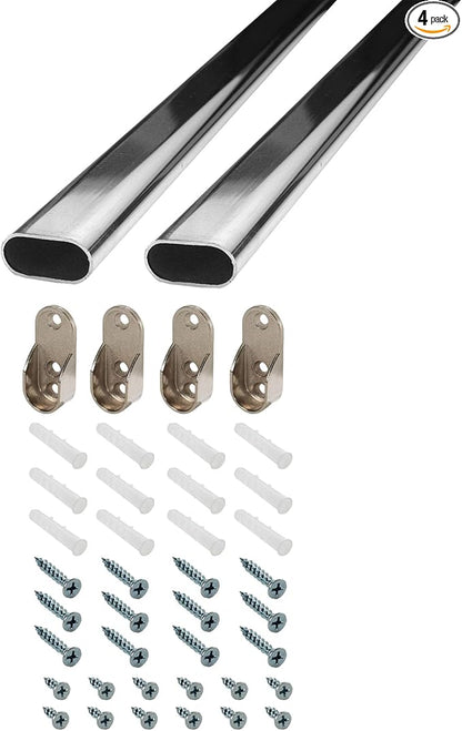 30 inch Long Steel Oval Closet Rod with Hanging Brackets, Wall Anchors, Screws | Polished Chrome Finish | Complete Installation Kit | Outwater Plastics (2 Pack)
