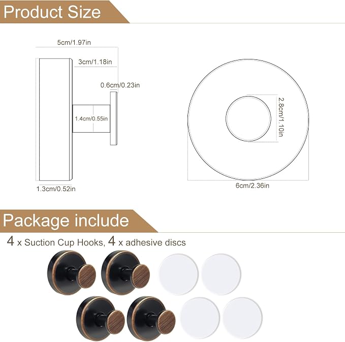 ZESLMG Suction Cup Hooks for Shower, Bronze Wreath Hangers for Front Door Glass Window Bathroom Kitchen Wall, Removable Towel Holder Bath Robe Loofah Coat Hooks No Damage for Hanging, 4 Pack